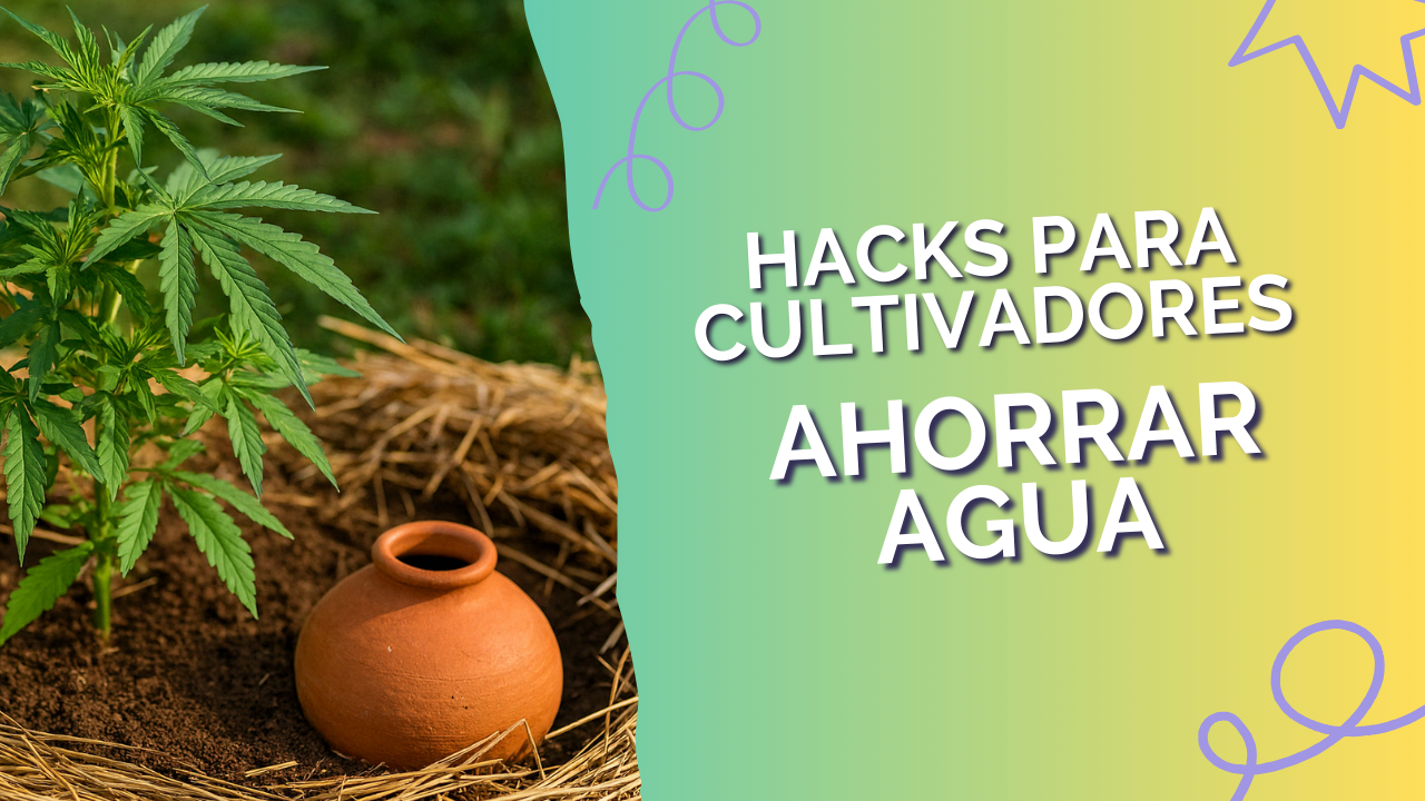 Planta de cannabis en cultivo exterior con acolchado y olla de barro parcialmente enterrada para ahorro de agua.