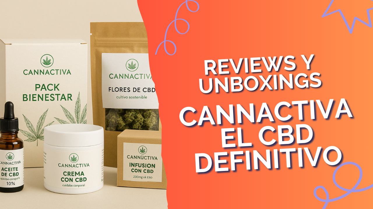 Pack de productos de CBD Cannactiva sobre fondo beige con diseño natural: aceite, crema, flores, infusión y caja bienestar.