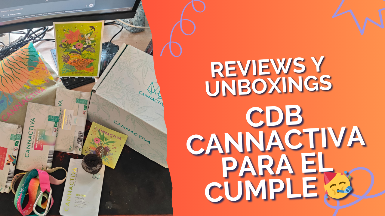 Caja sorpresa CBD Cannactiva cumpleaños Fabini con trims Eureka, Funky Monkey y Fenix OG, flor Willits, camiseta negra y llavero sobre mesa de madera.